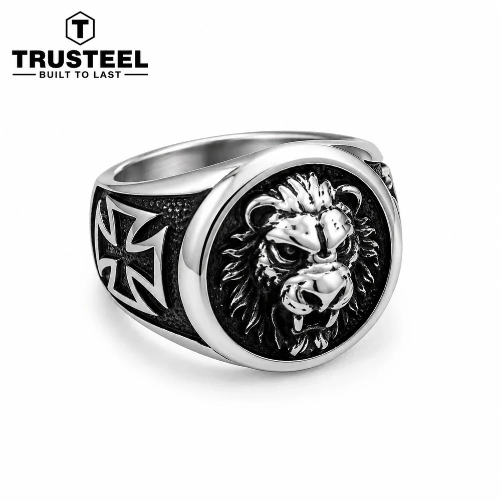Men’s Stainless Steel Lion Signet Ring silver Medieval Cross Biker Gothic size 9
